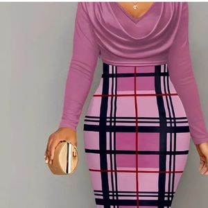 NEVER WORN sleek fitted midi dress, plaid pink splicing dress